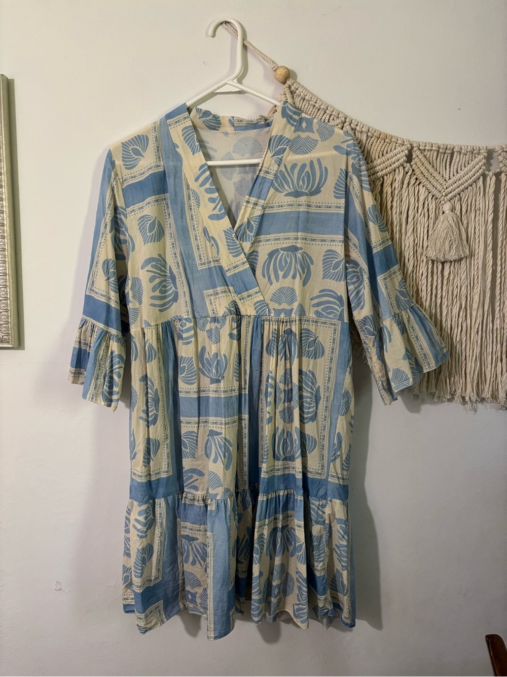 V-Neck Blue & Cream Floral Dress- 100% Cotton- made in Italy